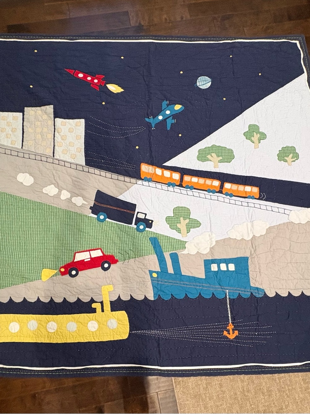 Pottery Barn Kids Transportation Quilt - Navy, Yellow, Red, Blue, Orange, Green
